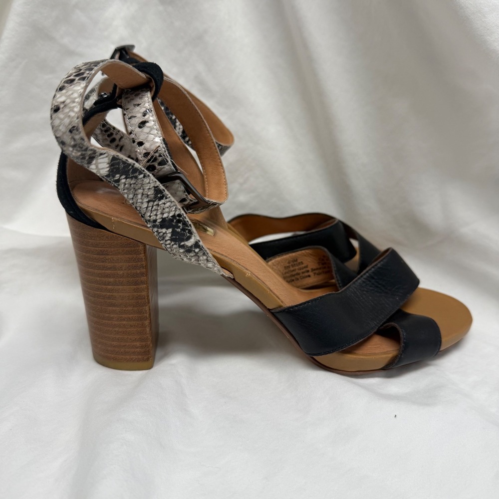 Halogen Womens Black Leather Snakeskin Ankle Strap Block‎ Heel Sandals Size 9.5M